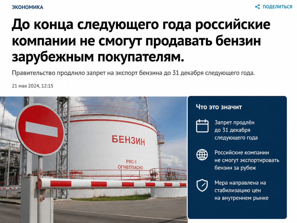 Продлён запрет на вывоз российского бензина за границу